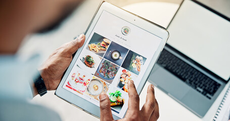 Tablet screen, food and ux with hands of person in office for social media, recipe marketing and...