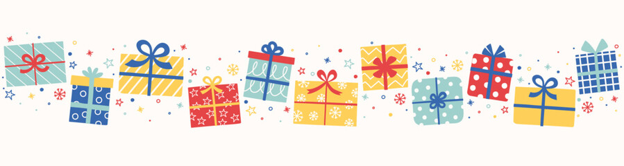 Christmas banner in cartoon style. Layout design decorated with gift boxes. Vector illustration