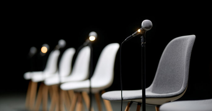 Row of modern chairs with microphones set up for a panel discussion or conference on a dark stage background
