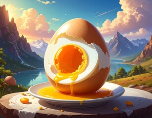 A surreal image of a hard-boiled egg cut open, with yolk spilling onto a plate in a scenic mountain vista
