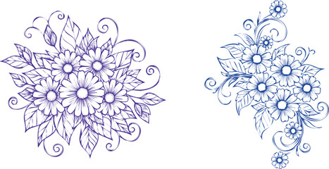 Naklejka premium Floral Ornament Botanical Decoration Graphic Elements Isolated Hand-Drawn Flowers with Leaves Pattern Decorative Design Elegant Blossom Art Illustration Embellishment