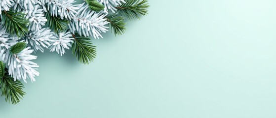 Minimalist Winter Holiday Background with Frosted and Green Fir Branches