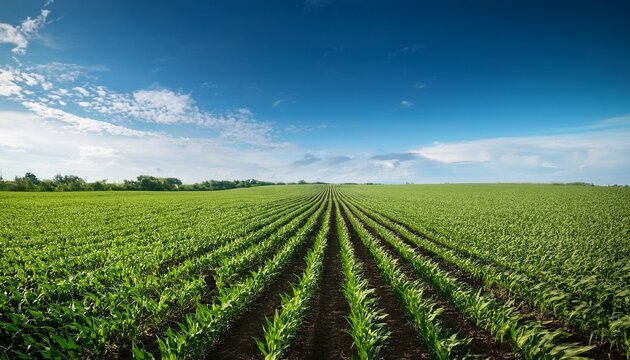 vibrant green crop rows under blue sky