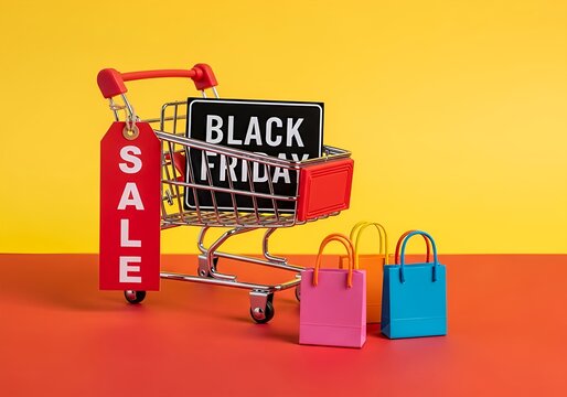 Miniature shopping cart with shopping bags, sale tag, and Black Friday sign on a split background