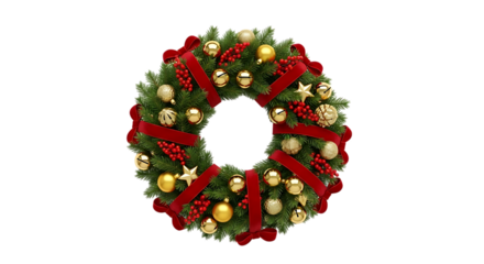 Beautifully decorated christmas wreath with red ribbons and ornaments isolated on transparent background