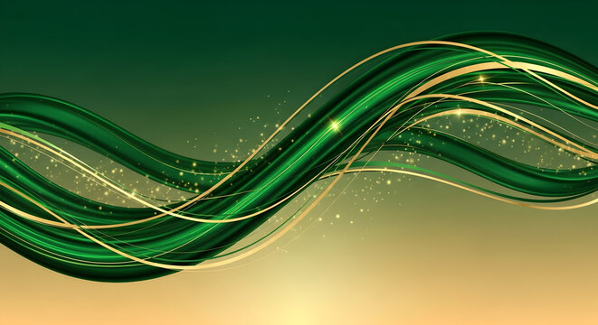 Elegant abstract background with flowing green and golden waves, intertwined with shimmering light trails and sparkles.