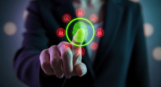 Person touches glowing fingerprint scan for secure system access cybersecurity password technology and digital privacy data protection