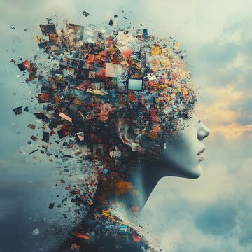 Overwhelming information data explode out of head of young human brain, too much media, too much information, maximalism, news, social media addiction Generative AI image weber