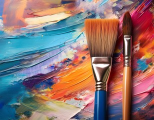 Obraz premium two paintbrushes resting on a canvas surrounded by scattered art supplies suggesting a paused artistic conversation between tools and materials artistic background colors