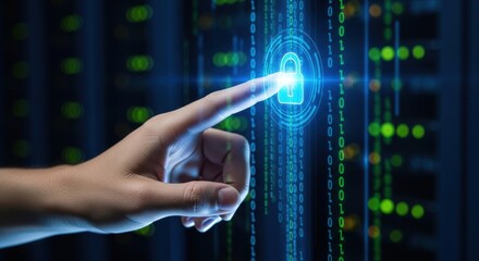 Digital security concept shows finger touching glowing padlock icon on binary code background conveying data protection