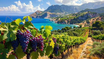 Ripe grapes hanging, overlooking turquoise sea and coastal mountains