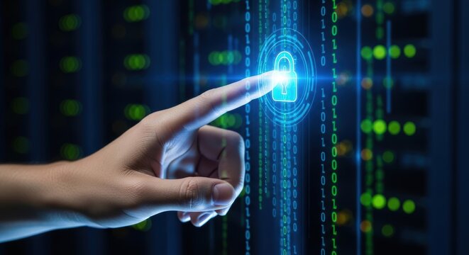 Digital security concept shows finger touching glowing padlock icon on binary code background conveying data protection