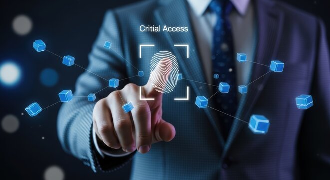 Fingerprint scan for critical access displayed with hand touching the screen for digital recognition of security and secure identity