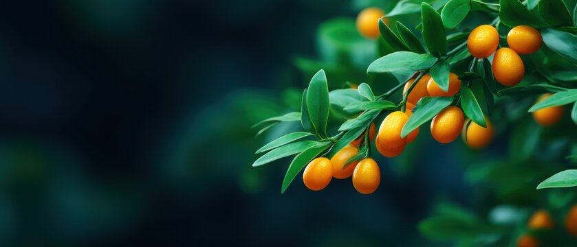 Fresh Vibrant Kumquats on Branch with Green Leaves and Dark Background - Powered by Adobe