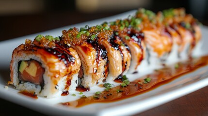 Appetising rolls with sauce and herbs on a white plate showcase culinary artistry and freshness — a fitting atmospheric backdrop for restaurant menus or food articles.