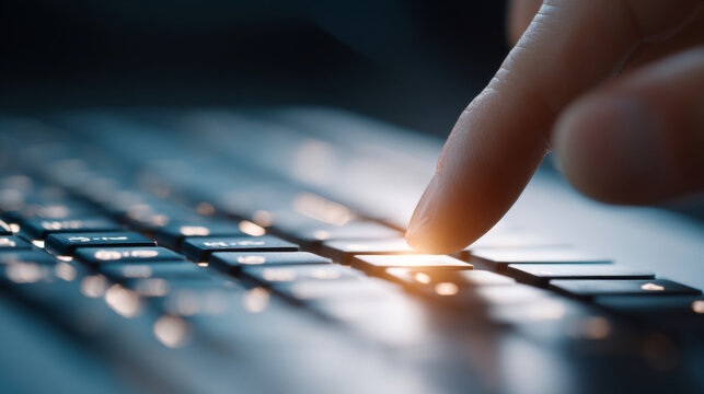 Close-up of finger pressing illuminated key on modern computer keyboard with shallow depth of field and soft lighting