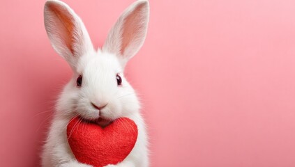 Obraz premium A fluffy white bunny holds a red felt heart against a pink background