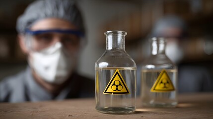 Glass bottles with biohazard symbols in a laboratory setting with workers in protective gear in the background