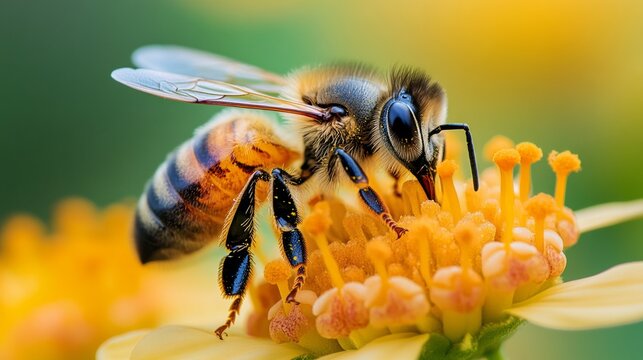 A hard-working bee collects nectar from a bright flower, symbolising the importance of pollination for the ecosystem, which is perfect as a natural backdrop for environmental projects.
