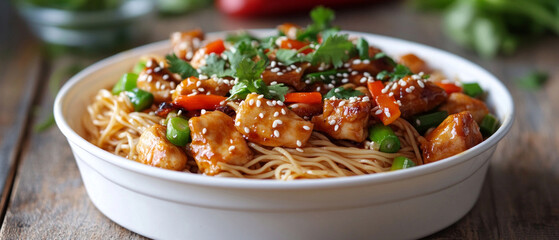 An appetising dish with noodles, vegetables and pieces of meat in sauce, garnished with herbs, creating a vibrant backdrop for food blogs or advertisements for Asian restaurants.