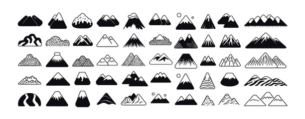 Set of mountain icons in diverse shapes, from simple peaks to detailed landscapes — suitable for outdoor activity graphics, maps, travel branding, and vector illustration projects.