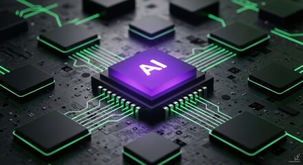 Central processing unit with glowing green lines connecting components on a circuit board suggests technology and future trends