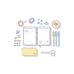 Creative Journaling Desk Setup with Stickers and Washi Tape – Minimal Flat Vector Illustration
