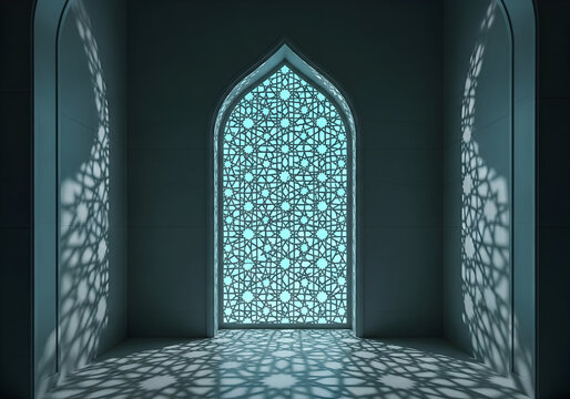 An ornate Islamic arched window with a glowing geometric pattern casting intricate shadows in a dark room.