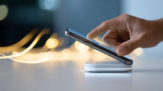 Close-up of hand using smartphone on wireless charging pad with blurred bokeh lights in background - Powered by Adobe