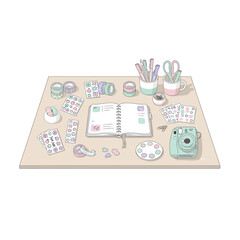 Creative Journaling Desk Setup with Stickers and Washi Tape – Minimal Flat Vector Illustration