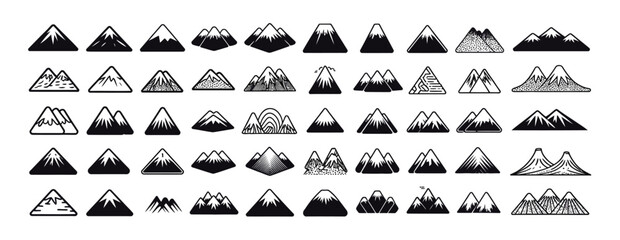 Mountain icon set featuring various shapes and styles, including peaks, hills, and landscapes — perfect for travel graphics, adventure branding, outdoor apps, and vector design projects.