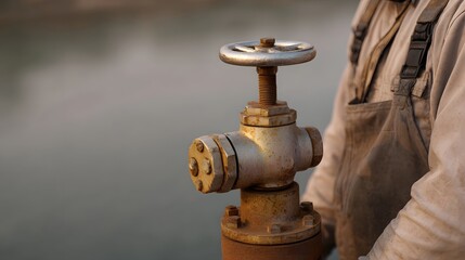 A close up of a rusty industrial valve with a worker in overalls in the background outdoors