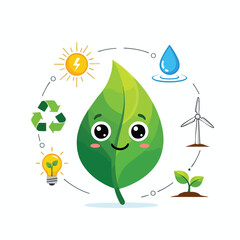 Cute Leaf Character Illustrating Renewable Energy and Environmental Conservation Cycle
