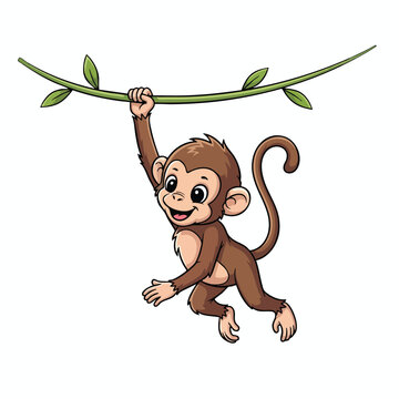 Cute Cartoon Monkey Swinging on a Jungle Vine Illustration
