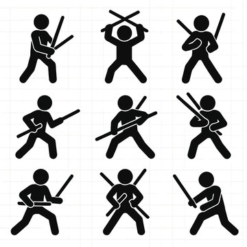 A detailed collection of black silhouette vector icons illustrating a person practicing weapon-based martial arts using two sticks.