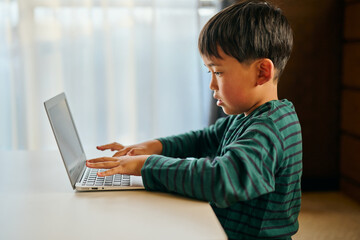 ノートパソコンを使う小学生の男の子 © TY