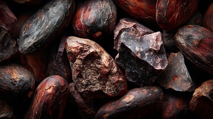 Full-frame macro shot of rich, dark brown cacao nibs, capturing the detailed texture and natural, irregular shapes of the flavorful superfood.