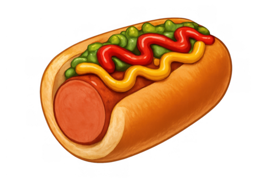 Classic hot dog in a bun, topped with red ketchup, yellow mustard, and green relish, on a transparent background
