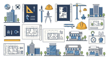 architectural design and construction flat icon set displaying detailed blueprints urban buildings and essential engineering tools.