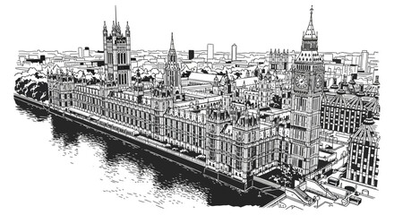 architectural line art drawing of londons iconic palace of westminster and big ben showcasing british parliament by the thames.