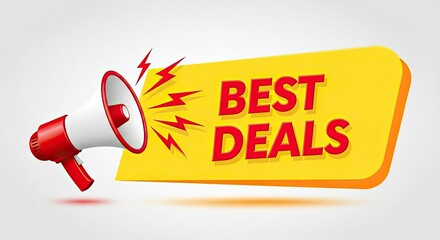 Megaphone announcing 'best deals' on a promotional yellow banner