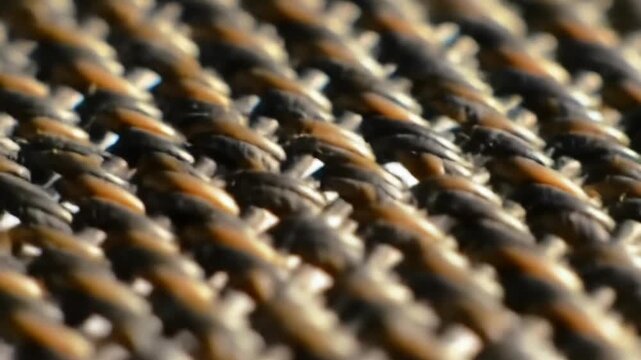 Textured abstract closeup of interwoven tan and dark fibers, creating a rhythmic pattern with shallow depth of field
