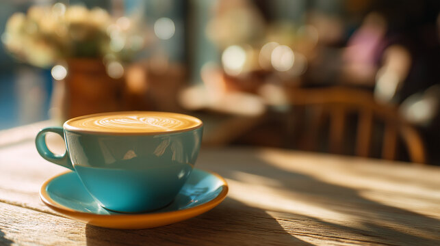 crema. A hot latte on a cafe table, bathed in morning light with warm tones. bar promotions, beverage menus, designed for food & beverage menus and cafe branding, used by food bloggers.