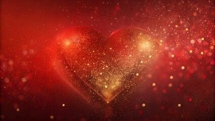 A radiant, glowing heart shape shimmering with golden glitter particles against a deep red, bokeh-filled background, symbolizing love and celebration