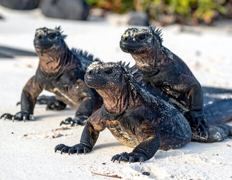 Three dark, spiky marine reptiles bask on a sandy beach. Their skin is rough, contrasting the fine white sand