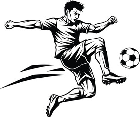 Football player kicking ball in dynamic action black vector illustration