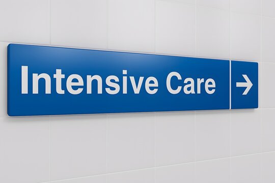 Blue ICU direction sign in a hospital hallway, symbolizing critical care, emergency support, and global awareness events related to intensive care and healthcare safety.