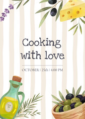 Frame with watercolor mediterranean herbs, olive oil, cheese and olives. Perfect for cooking and kitchen design.