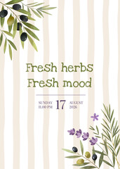 Delicate mediterranean frame with lavender and olives. Watercolor herbs border. For wedding invitations, greeting cards, posters