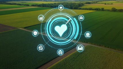 Aerial view of agricultural fields with a futuristic digital interface displaying icons and a heart symbol - Powered by Adobe